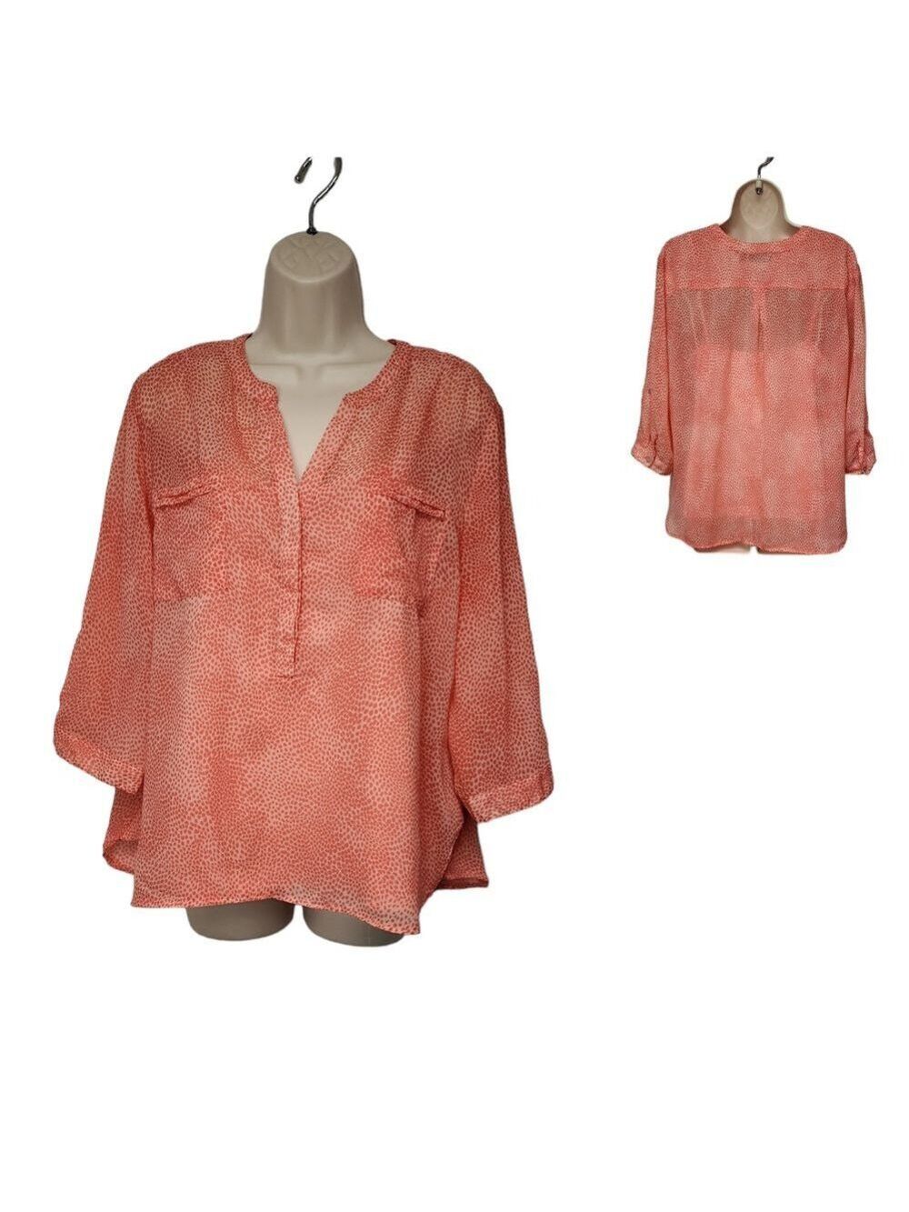 APT.9 Women's Noched V-Neck Roll-Tab 3/4 Sleeve Multi-Orange Sheer Blouse XLP